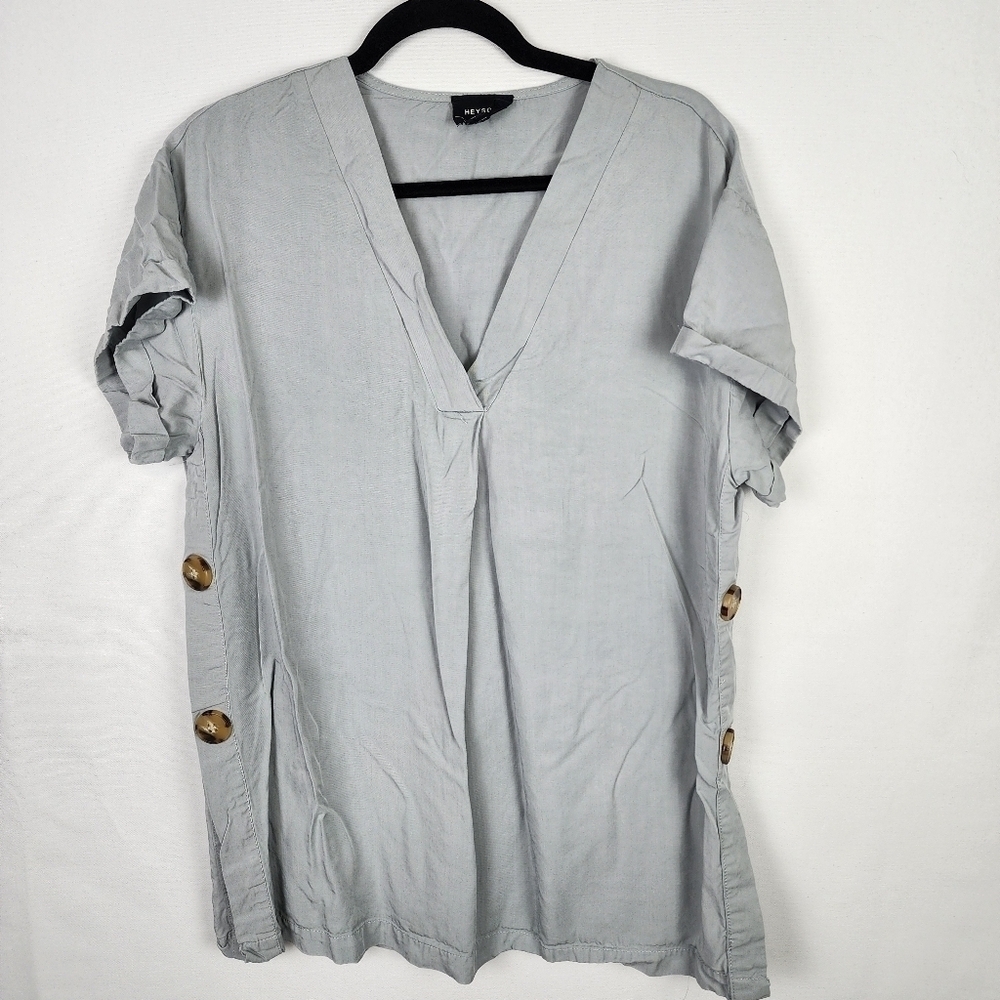 Heyson Women Light Grey 100% Tencel V-Neck Side Button Tunic Top HT1007 Size S